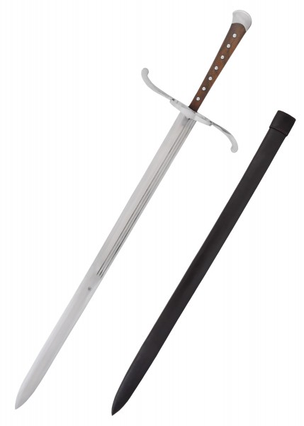 Ein langes Messer aus dem frühen 16. Jahrhundert mit einer stabilen Klinge und einem hölzernen Griff. Der Griff ist mit Nieten verziert. Eine schwarze Lederscheide zur Aufbewahrung ist ebenfalls enthalten.
