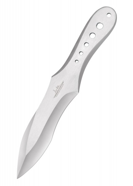 Das Bild zeigt ein großes Wurfmesser aus dem Gil Hibben Gen X 3er-Set. Das Messer ist silberfarben und hat mehrere Löcher im Griff. Die Klinge ist scharf und glänzend. Das Design ist modern und ergonomisch.