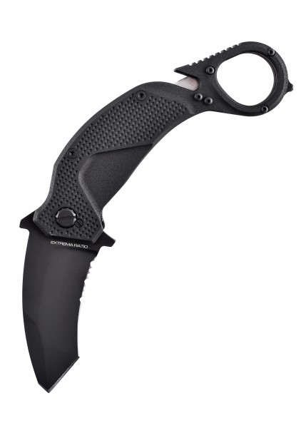 Das Extrema Ratio NIGHTMARE ist ein schwarzes Taschenmesser mit ergonomischem Griff und einer robusten, schwarzen Klinge. Der entworfene Griff bietet sicheren Halt dank seiner texturierten Oberfläche und dem integrierten Fingerloch.