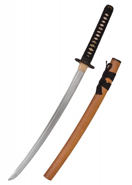 Das abgebildete John Lee Red Wood Iaito Wakizashi ist ein Kunstschwert mit rotbrauner Scheide und schwarzem Griff, ideal für das Training traditioneller Kampfkünste. Die Klinge ist sorgfältig gefertigter Stahl ohne Schneide.