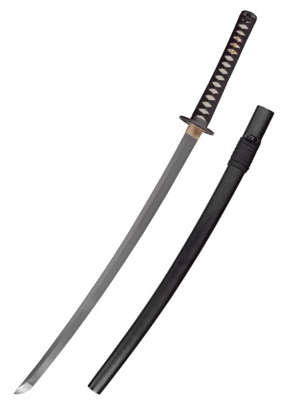 Die Raptor Katana 2, Shinogi Zukuri, ist ein präzise geschmiedetes japanisches Schwert mit einer gekrümmten Klinge und schwarzem Griff. Das Schwert wird durch eine schwarze Scheide ergänzt, die den traditionellen Stil betont.