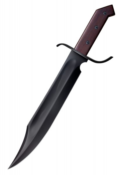 Das 1917 Frontier Bowie-Messer hat eine lange, geschwungene Klinge und einen braunen Holzgriff mit drei schwarzen Nieten. Es kommt mit einer schwarzen Lederscheide und ist für Outdoor-Aktivitäten und Sammler geeignet. Der ergonomische Griff und die r