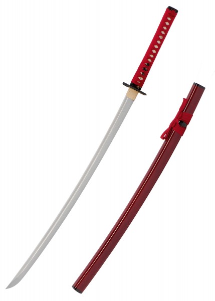 Das Bild zeigt ein John Lee Noh Katana mit einer scharfen gebogenen Klinge und einer kunstvoll verzierten roten Scheide. Der rote Griff weist ein traditionelles Wickelmuster auf. Ideal für Sammler und Liebhaber japanischer Schwerter.