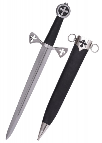 Der Molay Templerdolch mit Scheide ist ein mittelalterlicher Dagger mit einer Klinge aus Metall und einem schwarzen Griff mit Kreuzdekor. Die zugehörige Scheide hat ebenfalls ein Kreuzmotiv und Metallakzente.