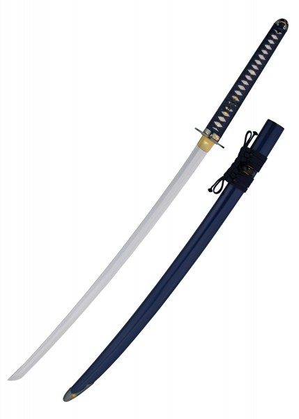 Das Bild zeigt die Orchid Katana, ein traditionelles japanisches Schwert. Es hat eine lange, geschwungene Klinge und einen dunkelblauen Griff. Die Schwertscheide ist ebenfalls dunkelblau und kunstvoll verziert. Perfekt für Sammler und Kampfkünstler.