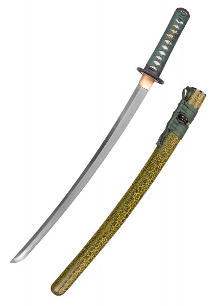 Der Snake Wakizashi ist ein beeindruckendes Kurzschwert mit einer scharfen, leicht gebogenen Klinge und einer grünen, mit goldenen Akzenten verzierten Scheide. Der Griff ist ebenfalls in Grün gehalten und zeigt eine detaillierte Verarbeitung.
