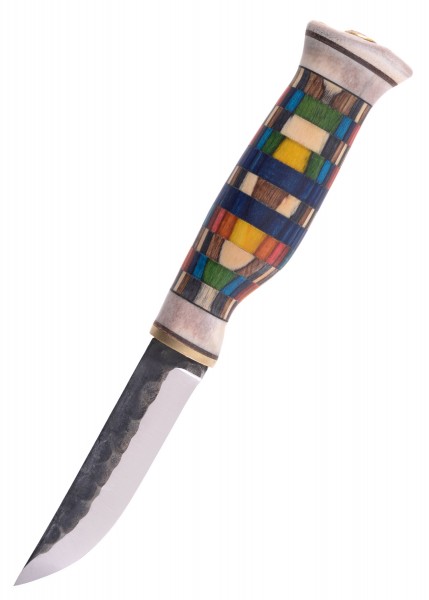 Das Bild zeigt ein Messer von Wood-Jewel mit einem farbenfrohen Griff. Der Griff ist aus Holz und hat ein einzigartiges, buntes Muster mit verschiedenen Farben. Die Klinge ist robust und für vielfältige Schneidaufgaben geeignet.