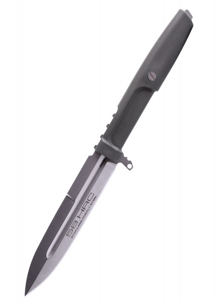 Das Extrema Ratio REQUIEM in Ranger-Grün ist ein feststehendes Messer. Es hat eine doppelseitige Klinge mit einer Härte von 58 HRC. Der Griff ist ergonomisch gestaltet und das Design wirkt robust und funktional.