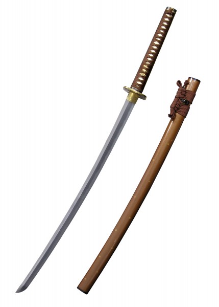 Die Bushido Katana ist ein traditionelles japanisches Schwert mit einer goldenen Parierstange und einem reich verzierten, braunen Griff. Die Klinge ist scharf und geschwungen, mit einer hochwertigen Scheide, die Sicherheit und Stil bietet.