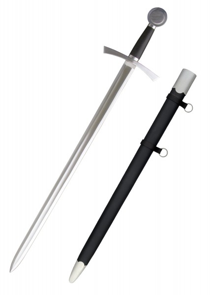 Das Schwert Löwenherz ist ein elegantes, mittelalterliches Langschwert mit einer glänzenden Klinge und einem schwarzen Griff. Es wird mit einer robusten schwarzen Scheide präsentiert, die mit silbernen Details verziert ist.