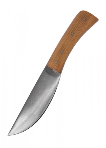 Ein robustes Messer mit einer scharfen, gebogenen Klinge und einem Griff aus edlem Olivenholz. Perfekt für Outdoor-Aktivitäten, geliefert mit einer Lederscheide für sicheren Transport und Aufbewahrung.