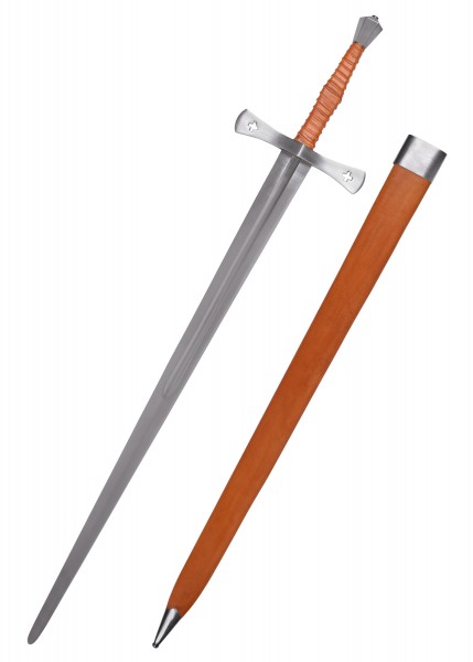 Das mittelalterliche Shrewsbury Schwert aus dem 15. Jahrhundert ist eine detaillierte Nachbildung mit einem langen, schlanken Klinge und einem orangefarbenen Griff. Es kommt mit einer passenden braunen Lederscheide für authentische Dekoration.