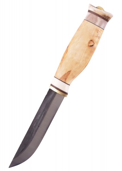 Das Jagdmesser Vuolu 10 von Wood-Jewel zeichnet sich durch eine robuste Klinge und einen ergonomischen Griff aus hellem Holz aus. Der handgefertigte Griff bietet einen sicheren Halt, ideal für Outdoor-Aktivitäten und Jagdabenteuer.