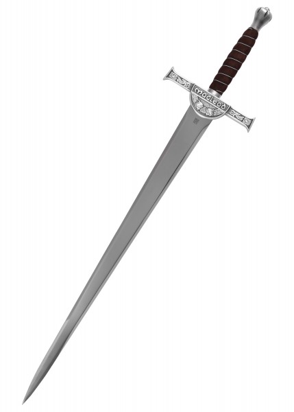 Das MacLeod-Schwert aus dem Film Highlander, hergestellt von Marto. Es zeigt eine detailreiche handgefertigte Parierstange und einen Griff mit lederumwickelten Elementen. Perfekt für Sammler und Fans des Films.