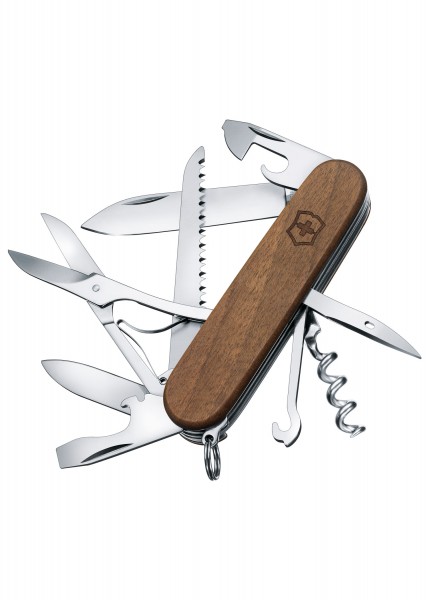 Das Taschenwerkzeug Huntsman Wood kombiniert mehrere Werkzeuge wie Messer, Schere, Säge und Korkenzieher. Es hat einen eleganten Holzgriff mit dem Victorinox-Logo. Ideal für Outdoor-Aktivitäten und Alltagsaufgaben, bietet dieses multifunktionale Werk