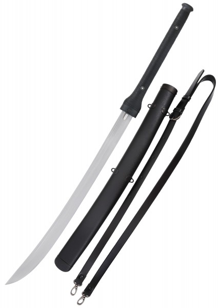 Das Banshee-Schwert ist eine mittelalterliche Klinge mit schwarzem Griff und langer Klinge. Es kommt mit einer passenden schwarzen Scheide und zwei Riemen für einfaches Tragen. Ideal für Sammler und historische Enthusiasten.