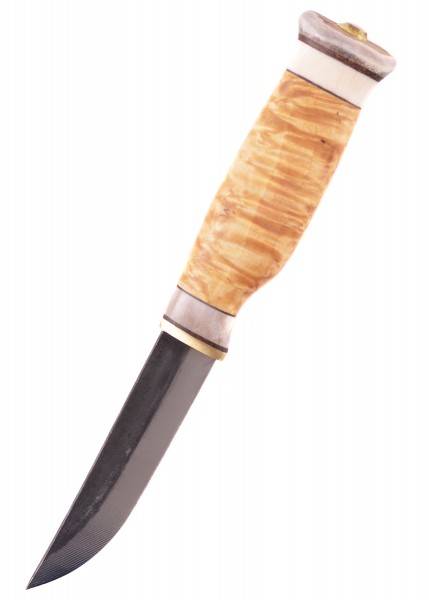 Das Jagdmesser Vuolu iso von Wood-Jewel zeigt eine scharfe Klinge und einen ergonomischen Griff aus gemasertem Holz, verstärkt durch helle und dunkle Akzente. Perfekt für die Jagd und Outdoor-Aktivitäten, es vereint Funktionalität und Design.