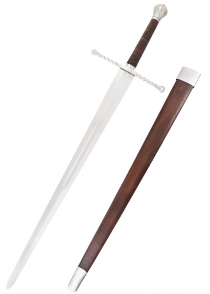 Dieses Schwert ist ein Bastardschwert für Schaukampf mit Scheide. Es hat eine lange, scharfe Klinge mit einer detaillierten Parierstange und einem verzierten Knauf. Die Scheide ist aus dunklem Holz mit Metallbeschlägen.