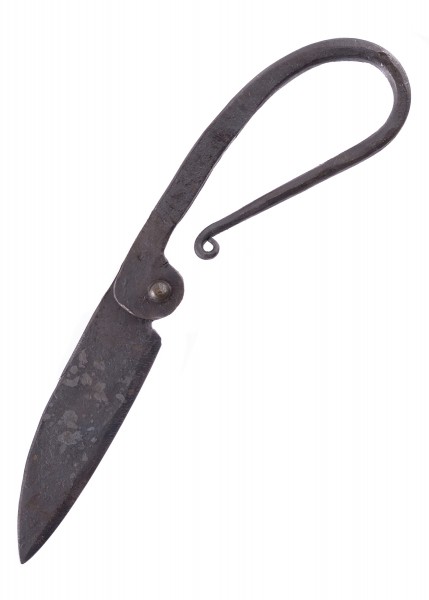 Handgeschmiedetes Klappmesser aus robustem Metall mit einer rustikalen Optik. Das Messer hat eine geschwungene Klinge und einen einzigartigen Verschlussmechanismus. Perfekt für Outdoor-Aktivitäten und Alltagseinsatz.