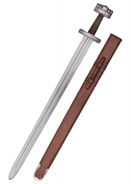 Ein Wikingerschwert aus dem 9. Jahrhundert mit Lederscheide. Die Klinge ist aus glänzendem Metall und hat eine klare Form. Der Griff ist solide mit dekoriertem Knauf. Die Scheide aus braunem Leder passt perfekt zum Schwert.