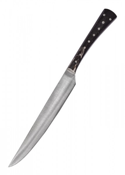 Essmesser mit Griff aus Horn und einer Gesamtlänge von 23,5 cm. Das Messer hat eine scharfe, schlanke Klinge und wird mit einer Schutzscheide geliefert. Perfekt für präzises Schneiden und stilvolles Servieren von Speisen.
