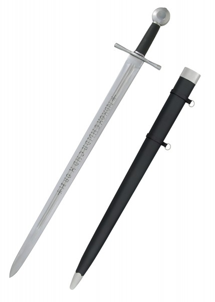 Das River Witham Schwert ist ein historisches Schwert mit verziertem Griff und gravierter Klinge. Es kommt mit einer schwarzen Scheide und zeigt feine Details historischer Handwerkskunst auf der Klinge.