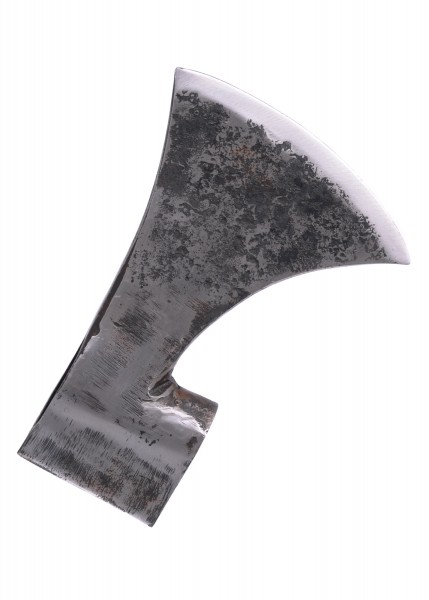 Detailaufnahme eines handgeschmiedeten Wikinger-Axtblattes, ca. 15 cm groß. Das Axtblatt zeigt rustikale Schmiedemarken und eine scharfe Schneide, ideal für historische Nachbildungen und Sammlerstücke.