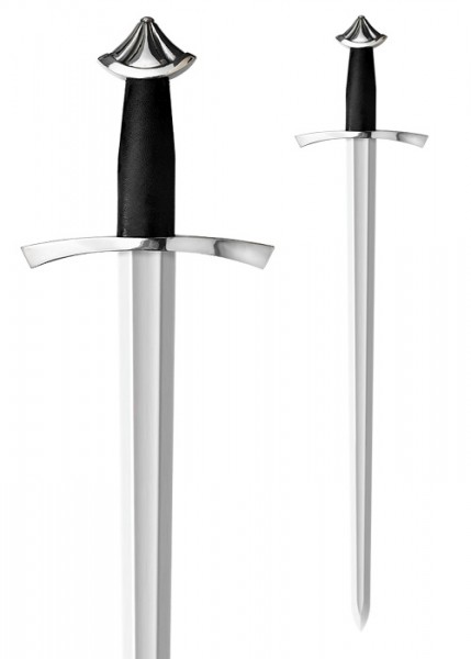 Ein normannisches Schwert mit Scheide. Der Stahl der Klinge ist glänzend und robust. Der Griff ist aus schwarzem Leder. Der Knauf und die Parierstange bestehen aus glänzendem Metall. Ideal für Sammler und Enthusiasten.