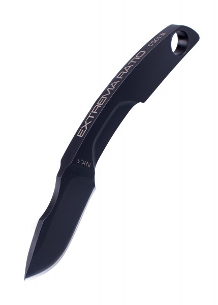 Das Extrema Ratio N.K.1 ist ein kompaktes, feststehendes Messer in Schwarz. Es besitzt eine scharfe Klinge und einen Griff mit Loch zur Befestigung. Ideal für den Einsatz als Alltagsmesser oder Notfallwerkzeug.
