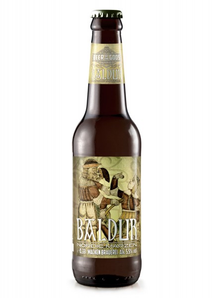 Die 0,33l Flasche Baldur Nordic Märzen von Wacken Brauerei zeigt ein mittelalterliches Design mit Wikingermotiven. Sie enthält ein Märzenbier mit einem Alkoholgehalt von 5,5%. Perfekt für Liebhaber nordischer Biere.
