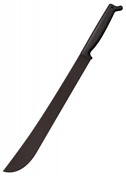 Die abgebildete Zweihand Latin Machete verfügt über eine 21-Zoll-Klinge und einen ergonomischen, strukturierten Griff. Das schwarze Finish verleiht ihr ein robustes Erscheinungsbild. Der Artikel beinhaltet eine passende Scheide.