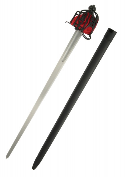 Schottisches Schaukampf-Breitschwert mit robustem Korbgriff, ideal für historische Reenactments. Die Klinge ist lang und gerade, begleitet von einer schwarzen Scheide. Detail zeigt die beeindruckende Handwerkskunst des Korbgriffs.