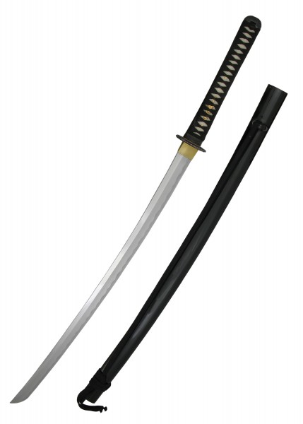 Die Shinto Elite Katana ist ein kunstvoll gestaltetes Schwert mit einer scharfen, gebogenen Klinge und einem schwarz umwickelten Griff. Der glänzende schwarze Schwertklingenhalter ist elegant und robust, was die Katana einzigartig macht.