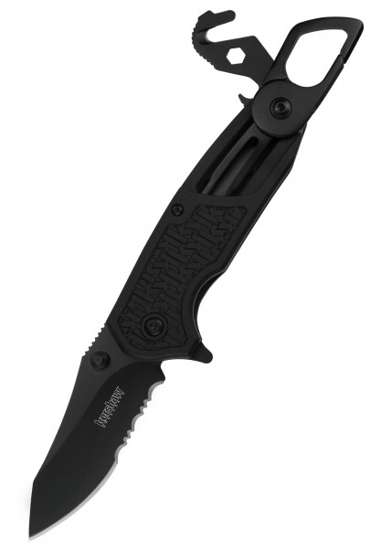 Das Kershaw FUNXION EMT Taschenmesser hat eine schwarz geformte Griffschale und eine gebogene Klinge mit gezahnter Schneide. An der Rückseite befinden sich nützliche Werkzeuge wie ein Gurtschneider und Schraubenschlüssel.