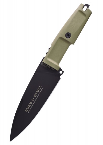 Extrema Ratio SHRAPNEL ONE, ein feststehendes Messer mit robuster, schwarz beschichteter Klinge und olivgrünem Griff. Ideal für Outdoor-Aktivitäten und taktische Anwendungen. Hohe Haltbarkeit und Präzision.