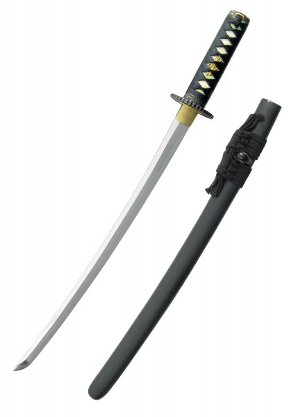 Das Practical Plus Wakizashi ist ein traditionelles japanisches Schwert mit einer geschmeidigen, gebogenen Klinge und detailliertem Griff. Die Klinge ruht in einer eleganten, schlichten Scheide, die mit einem schwarzen Band verziert ist.