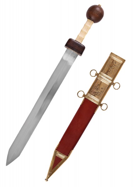 Der Pompeji-Gladius mit Scheide besteht aus einer Klinge mit Holzgriff und einer kunstvoll verzierten Scheide. Die Klinge ist glatt und spitz, während die Scheide rote Details und goldene Akzente aufweist.