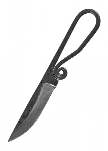 Geschmiedetes Messer mit einer Klinge aus 440er Stahl und einer Länge von 19 cm. Der Griff ist elegant geschwungen, vintage Design. Kommt mit einer Lederscheide, ideal für Outdoor-Aktivitäten.