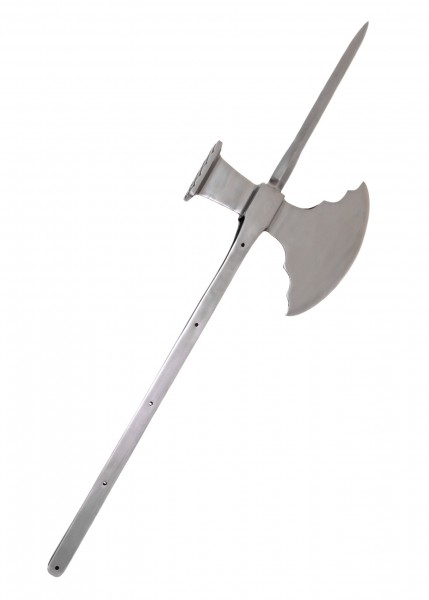 Schlachtaxt mit Hammer zeigt eine robuste Konstruktion aus Metall. Der lange Griff endet in einer breiten Axtklinge auf der einen Seite und einem Hammerkopf auf der anderen, ideal für vielseitigen Einsatz.