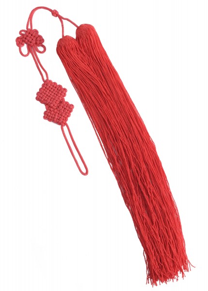 Rote Taiji-Schwertquaste von Paul Chen. Die Quaste besteht aus zwei langen, geflochtenen Enden und einem kunstvollen Knoten am Griff. Ideal für dekorative Schwertpräsentationen oder als Accessoire für traditionelle Kampfkünste.