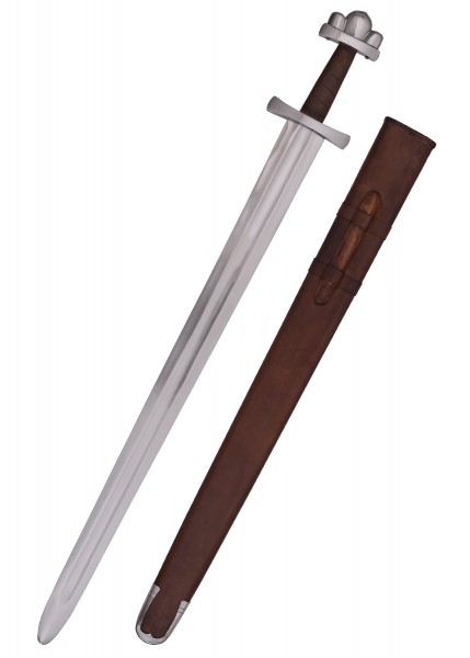 Wikingerschwert aus dem 10. Jahrhundert, präsentiert als Schaukampfschwert. Es hat eine zweischneidige Klinge, ein einfacher Handschutz und einen geschmiedeten Knauf. Die Lederscheide ist robust und passend eingefügt.