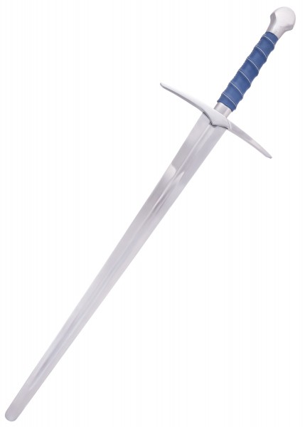 Ein Anderthalbhänder-Schwert für leichten Schaukampf. Es hat eine polierte Klinge, ein Parierstück und einen blauen Griff. Das Schwert ist ideal für historische Reenactments und Schaukampf-Übungen.