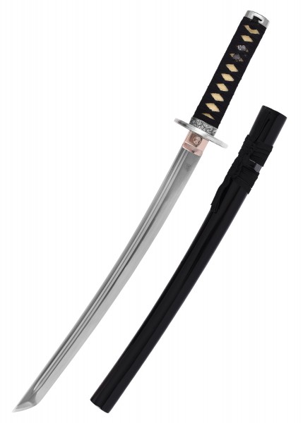 Ein Wakizashi-Schwert mit schwarzer Holzscheide von Marto. Der Griff ist kunstvoll mit schwarzem und gelbem Band umwickelt. Die Klinge besteht aus glänzendem Metall, während die Scheide glatt und elegant aussieht.