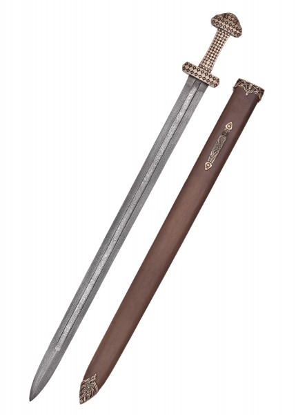 Dieses Wikingerschwert hat einen sorgfältig gefertigten Bronzegriff und eine Klinge aus Damaststahl. Die detaillierten Verzierungen und der robuste Holzscheide verleihen ihm Authentizität und Eleganz, ideal für Sammler und Enthusiasten.