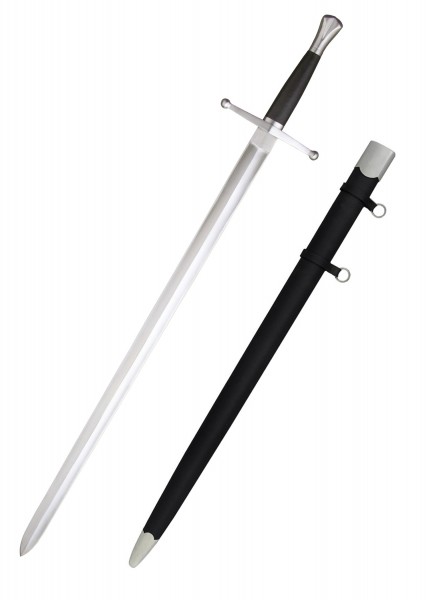 Ein detailliertes Bild eines Kriegsschwerts aus dem 14. Jahrhundert. Dieses Anderthalbhänder-Schwert verfügt über eine lange, schmale Klinge und einen eleganten Griff. Daneben ist eine schwarze Scheide mit Metallbesatz abgebildet.