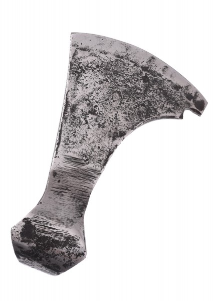 Detailansicht eines mittelalterlichen Bartaxt-Axtblatts, geeignet für Schaukampf. Das Axtblatt zeigt eine rustikale, gealterte Oberfläche und eine geschwungene Schneide. Perfekt für historische Nachstellungen und Schaukämpfe.