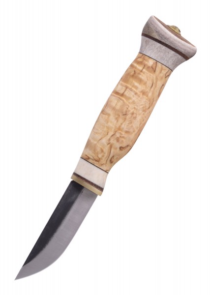 Schnitzmesser mit ergonomischem Griff aus Maserbirke. Die Klinge ist scharf und robust, ideal für detailliertes Schnitzen. Der handgefertigte Griff bietet einen bequemen Halt und ist schön gemasert, was jedem Messer ein einzigartiges Aussehen verleih