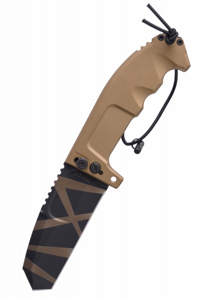 Das Extrema Ratio RAO Taschenmesser im Desert Warfare Design besitzt einen ergonomischen Griff in Braun und eine gezackte schwarze Klinge mit braunen Streifen. Perfekt für taktische Einsätze und Outdoor-Abenteuer.