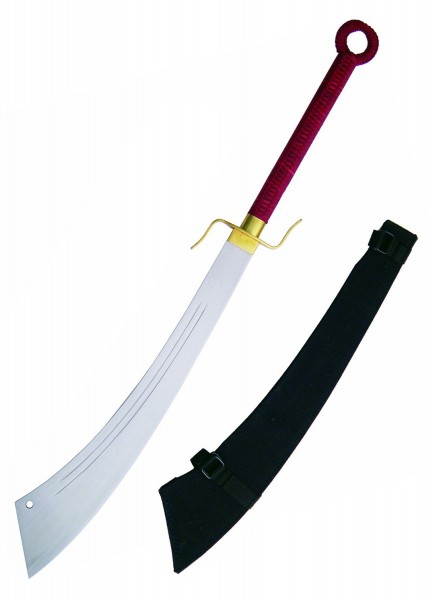 Dadao-Schwert von Paul Chen mit rotem Griff, breiter, gebogener Klinge und einer goldfarbenen Parierstange. Inklusive passender schwarzer Scheide. Set für Kampfsport oder Sammlung geeignet.