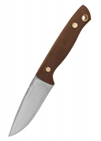 Das Mayflower Knife von Condor ist ein robustes Messer mit einer scharfen Klinge aus Edelstahl. Der elegante Griff besteht aus Holz und verfügt über goldene Nieten. Die Klinge ist mit dem Schriftzug 'Condor' versehen, was auf die Qualität und Handwer